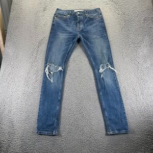 Topman Jeans Mens 30x32 Blue Cotton Denim Skinny Stretch Distressed Button Fly